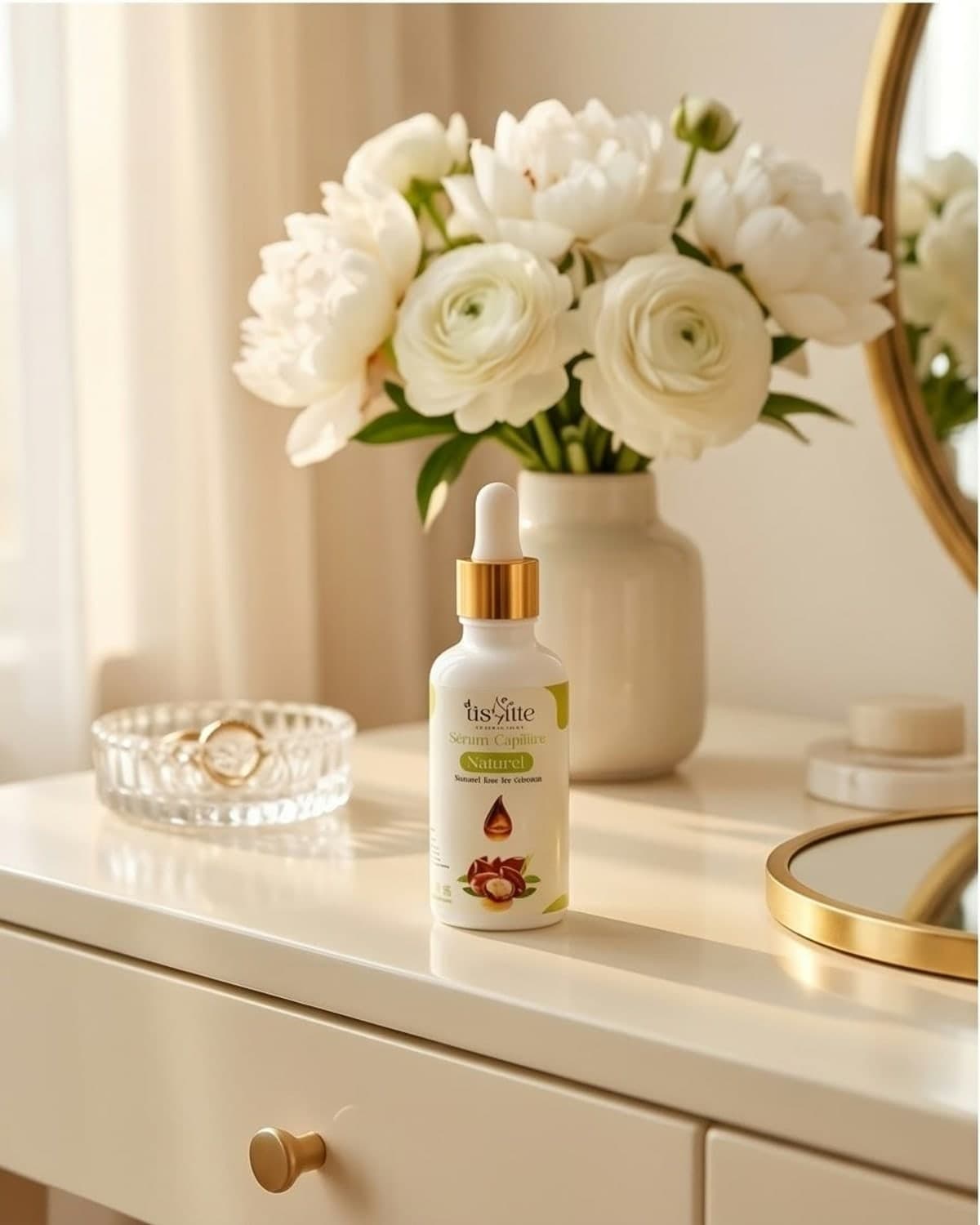 Sérum capillaire Tislite posé sur une coiffeuse, près d'un bouquet