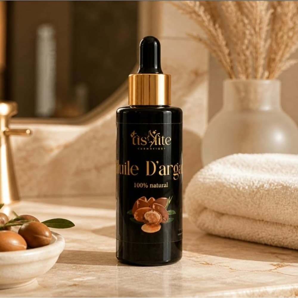 Flacon d'huile végétale d'argan bio Tislite, 30 ml, sur un plan de marbre