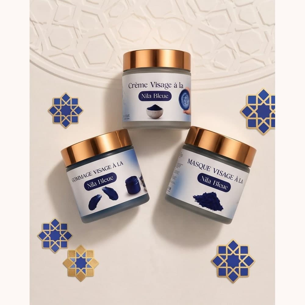 Crème, gommage et masque visage à la Nila bleue